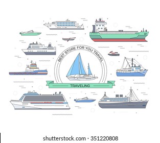 Set of thin line ship flat yacht, scooter, cargo, steamship, ferry, fishing boat, tug, bulk carrier, vessel, pleasure, cruise  with sea background concept. Vector outline illustration