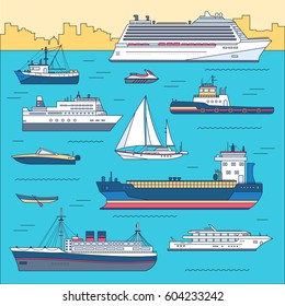 Set of thin line ship flat yacht, scooter, cargo, steamship, ferry, fishing boat, tug, bulk carrier, vessel, pleasure, cruise with sea background concept. Vector outline illustration