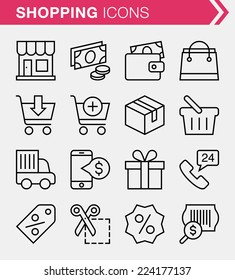 Set von Shopping-Icons für dünne Linien.