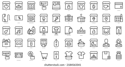 Set von dünnen Linie Shops und speichert Icons. Vektorgrafik
