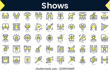 Set of thin line shows Icons. Line art icon with Yellow shadow. Vector illustration