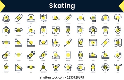 Set of thin line skating Icons. Line art icon with Yellow shadow. Vector illustration