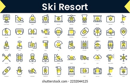 Set of thin line ski resort Icons. Line art icon with Yellow shadow. Vector illustration