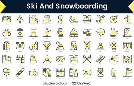 Set of thin line ski and snowboarding Icons. Line art icon with Yellow shadow. Vector illustration
