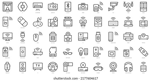 Conjunto de dispositivos inteligentes de línea delgada Iconos. Ilustración del vector