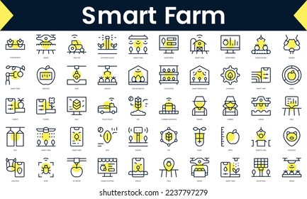 Conjunto de iconos de granja inteligentes de línea delgada. Icono de línea de arte con sombra amarilla. Ilustración del vector