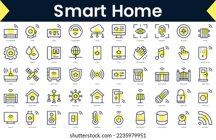 Set of thin line smart home Icons. Line art icon with Yellow shadow. Vector illustration
