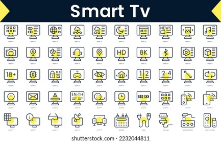 Set of thin line smart tv Icons. Line art icon with Yellow shadow. Vector illustration