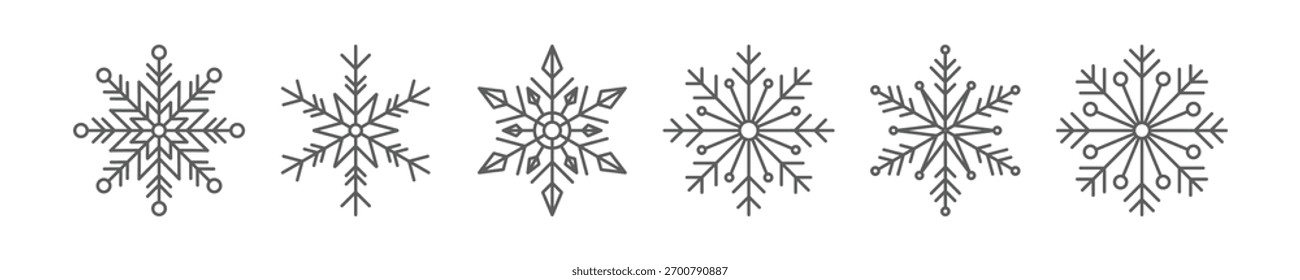 Set of thin line snowflakes, winter holidays new year and christmas snowflake elements.
