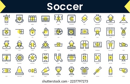 Set of thin line soccer Icons. Line art icon with Yellow shadow. Vector illustration