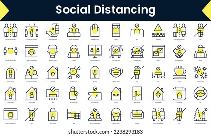 Set of thin line social distancing Icons. Line art icon with Yellow shadow. Vector illustration