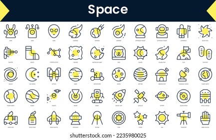 Conjunto de Iconos de espacio de línea delgada. Icono de línea de arte con sombra amarilla. Ilustración del vector