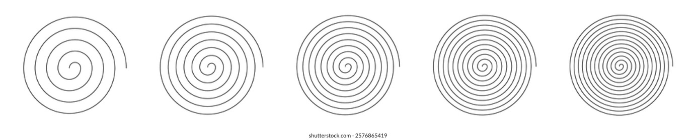 Set of thin line spirals. Line in circle form. Thin black spiral symbol. Spiral, swirl, twirl, volute design element with thin lines.