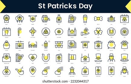 Set of thin line st patricks day Icons. Line art icon with Yellow shadow. Vector illustration