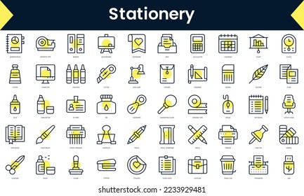 Set of thin line stationery Icons. Line art icon with Yellow shadow. Vector illustration