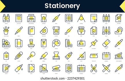 Set of thin line stationery Icons. Line art icon with Yellow shadow. Vector illustration