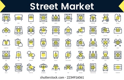 Set of thin line street market Icons. Line art icon with Yellow shadow. Vector illustration