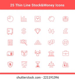 Set of Thin Line Stroke Stock&Money Icons Vector Illustration