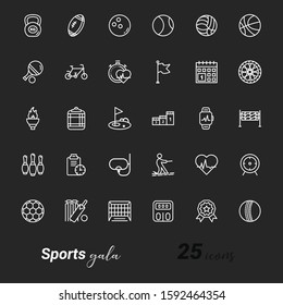 Set of Thin Line Stroke Vector Sports Icons. Rugby ball, Bowling, Table Tennis, Pool, Golf, basketball, Volleyball, Soccer, Target
