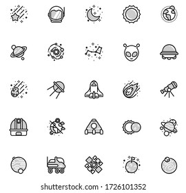 Set of Thin Line Stroke Vector Astronomy and Space Icons. Spaceman, astronaut, helmet, solar system, galaxy, planet, earth, mars, satellite, alien abduction, shuttle, rocket, orbit, asteroid.