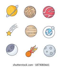 Set of Thin Line Stroke Vector Astronomy and Space Icons. Spaceman, astronaut, helmet, solar system, galaxy, planet, earth, mars, satellite, alien abduction, shuttle, rocket, orbit, asteroid.