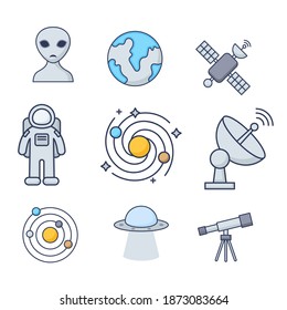 Set of Thin Line Stroke Vector Astronomy and Space Icons. Spaceman, astronaut, helmet, solar system, galaxy, planet, earth, mars, satellite, alien abduction, shuttle, rocket, orbit, asteroid.