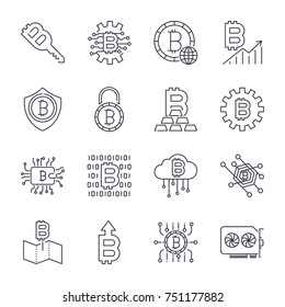 Set of Thin Line Stroke Vector Bitcoin and Cryptocurrency Icons. Icons for sites, programs, apps and other. Mining, coin, pickaxe, gold, money, video card, phone, laptop, exchange. Editable Stroke. 