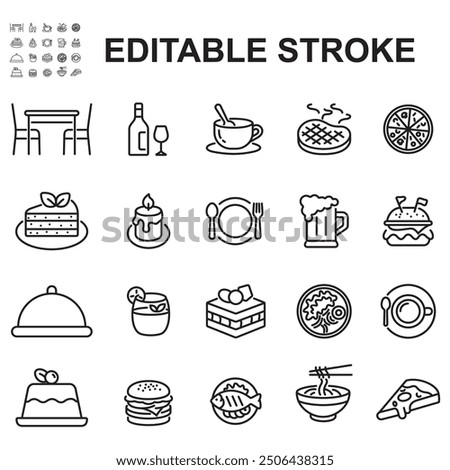 Set of Thin Line Style Icons Related to Restaurants. Contains icons such as appetizer, main course, dessert, drink.