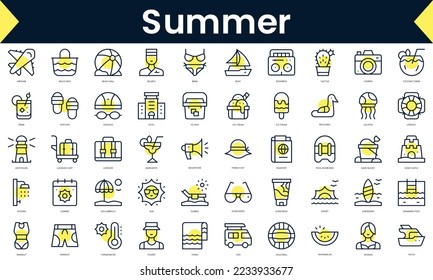 Conjunto de Iconos de verano de línea delgada. Icono de línea de arte con sombra amarilla. Ilustración del vector
