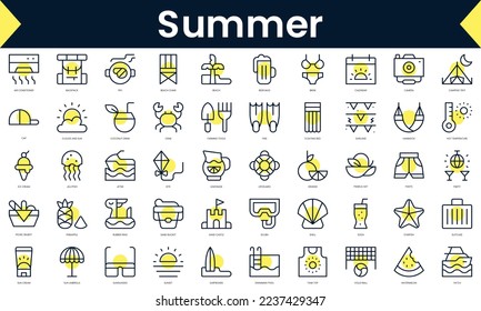 Set of thin line summer Icons. Line art icon with Yellow shadow. Vector illustration