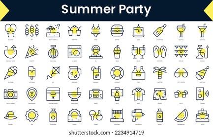 Set of thin line summer party Icons. Line art icon with Yellow shadow. Vector illustration