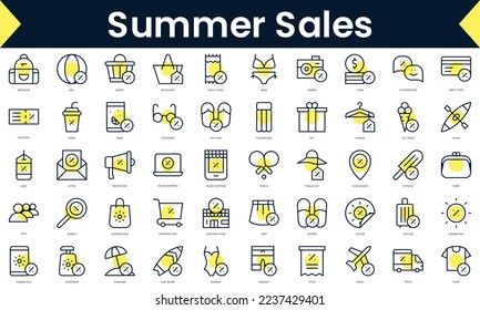 Set of thin line summer sales Icons. Line art icon with Yellow shadow. Vector illustration