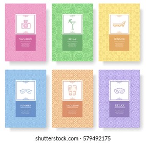 Set of thin line Summer vacation pattern concept. Art traditional, magazine, book, poster, abstract, banners, element. Vector outline package greeting card or invitation design background
