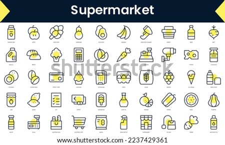 Set of thin line supermarket Icons. Line art icon with Yellow shadow. Vector illustration