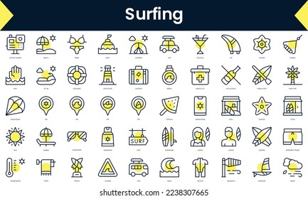 Set of thin line surfing Icons. Line art icon with Yellow shadow. Vector illustration