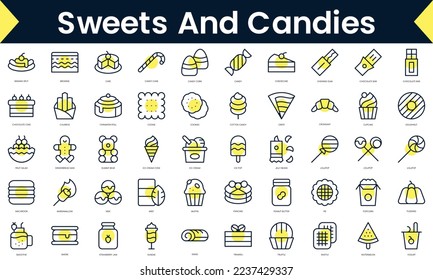 Conjunto de dulces de línea delgada e íconos de caramelo. Icono de línea de arte con sombra amarilla. Ilustración del vector