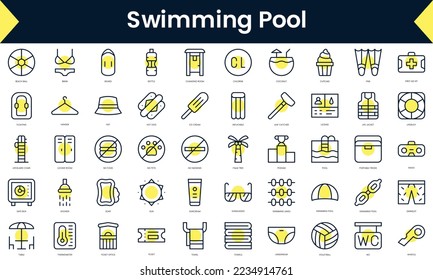 Set of thin line swimming pool Icons. Line art icon with Yellow shadow. Vector illustration