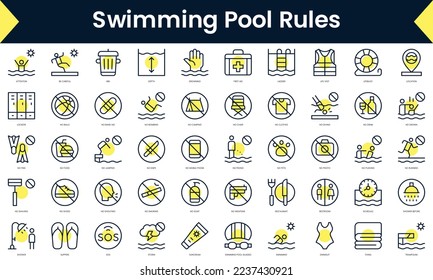 Set of thin line swimming pool rules Icons. Line art icon with Yellow shadow. Vector illustration