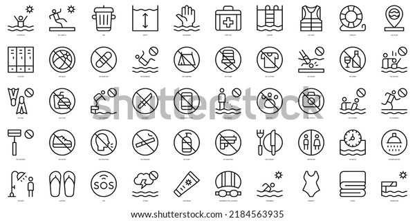 Set of thin line swimming pool rules Icons.\
Vector illustration