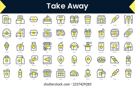 Set of thin line take away Icons. Line art icon with Yellow shadow. Vector illustration
