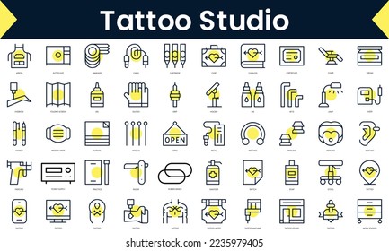 Set of thin line tattoo studio Icons. Line art icon with Yellow shadow. Vector illustration