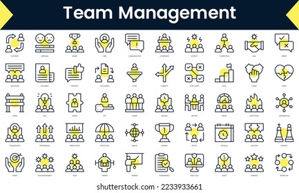 Set of thin line team management Icons. Line art icon with Yellow shadow. Vector illustration