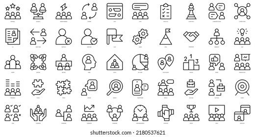 Conjunto de iconos de trabajo en equipo de línea delgada. Ilustración del vector