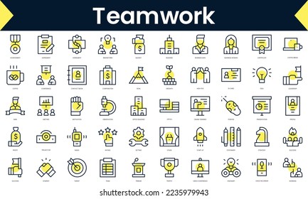 Set of thin line teamwork Icons. Line art icon with Yellow shadow. Vector illustration