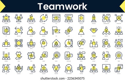 Set of thin line teamwork Icons. Line art icon with Yellow shadow. Vector illustration