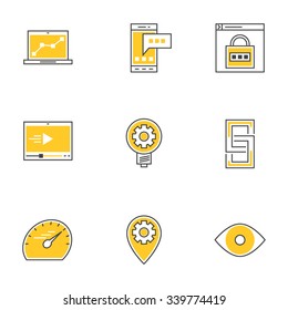 Set of Thin Line Technology Devices Icons. Analitycs, SMS, Internet Security, Video Player, Link, Speed Test, Local Optimization, Creative Idea, Vision. Vector Illustration
