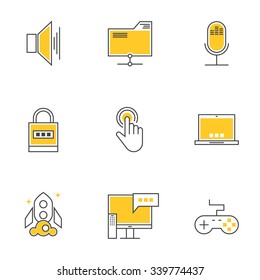 Set of Thin Line Technology Devices Icons. Speaker, Web Folder, Microphone, Security, Touch, Laptop, Startup, Breaking News, Game Controller. Vector Illustration