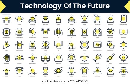 Set of thin line technology of the future Icons. Line art icon with Yellow shadow. Vector illustration
