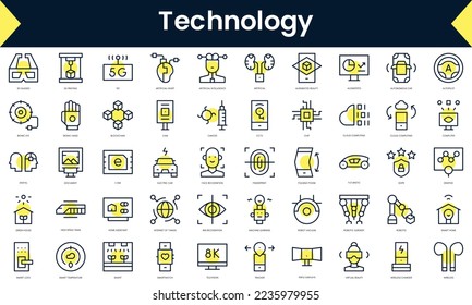 Set of thin line technology Icons. Line art icon with Yellow shadow. Vector illustration