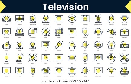 Set von dünnen Fernsehsymbolen. Line Art Symbol mit gelbem Schatten. Vektorgrafik